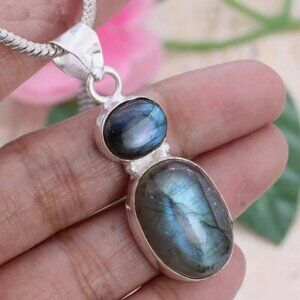 Labradorite Gemstone Sterling Silver 925 Silver Pendant Chain Necklace 1.65"